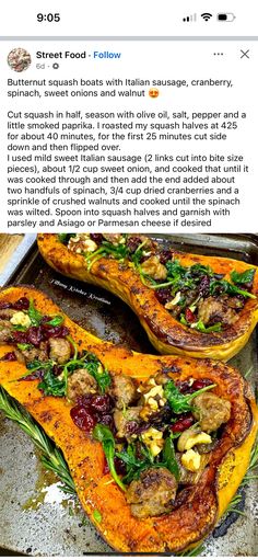 two stuffed butternut squashs on a baking sheet, with the recipe below them