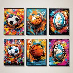 four paintings of basketballs and soccer balls