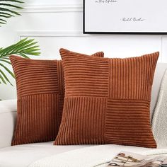 two brown pillows sitting on top of a white couch next to a potted plant