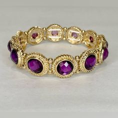 Gold Tone Bracelet Royal Purple Gemstones Stretch Bracelet Nwt Approx 2” Diameter At Rest Bundle And Save Thanks For Stopping “Buy” Purple Gold Bracelet, Purple Jewelry Bracelet, Braclets Gold, Inner Monster, Pandora Leather Bracelet, Purple Gemstones, Brighton Bracelets, Gold And Purple, Vintage Sterling Silver Charms