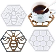 three honeycomb coasters with a cup of coffee in the middle and a spoon on top