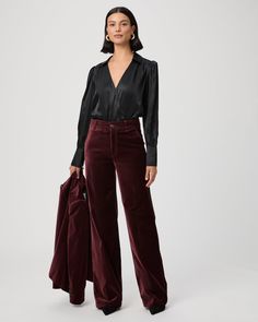 Crafted in luxuriously soft dark oxblood red velvet with just the right amount of stretch, this wide leg trouser features a fitted top block and a slightly relaxed fit. Sasha is designed with trouser pockets and pairs perfectly with the matching Malbec Blazer for an elevated suiting look. | Sasha Wide Leg Pant - Dark Oxblood Velvet | Size 34 Velvet Pants Outfit Winter, Velvet Pants Outfit, Winter Pants Outfit, Oxblood Red, Wardrobe Wishlist, Trouser Pocket, Velvet Blazer, Fitted Top, Velvet Pants