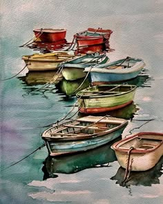 watercolor painting of small boats in the water with one boat tied to it's mooring line