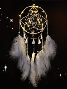 a light up dream catcher with feathers and lights in the shape of a circle on a black background