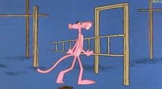 a pink cartoon character is walking towards a door