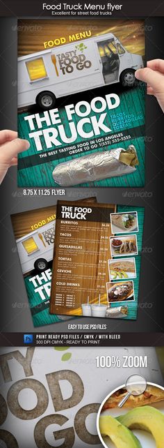 the food truck flyer is shown in three different colors