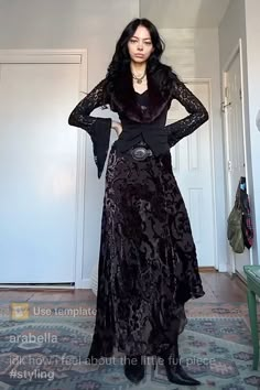 Glamour Goth Outfit, All Black Outfit Witchy, Romantic Goth Vampire, Witch Inspo Outfits, Gothic Maxi Skirt Outfit, Punk Outfits For Women Gothic Clothing, Vintage Wardrobe Design, Gothic Tea Party Outfit, Whimsy Goth Winter