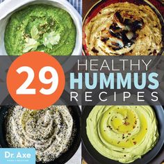 healthy hummus recipe book cover with images of hummus in bowls and dips