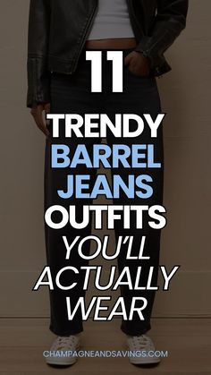 Wondering how to style barrel jeans outfits? These women's jeans are the latest fashion trend and easier than you think to wear for occasions from date night to a casual outfit! Check out my women's fashion tips on how to style these horseshoe jeans. High Rise Barrel Jeans Outfit, How Do You Wear That, Barrel Jeans Winter Outfit, Shoes To Wear With Barrel Jeans, Outfits With Barrel Jeans, Barrel Jeans Outfit Fall 2024, Styling Barrel Jeans, Horseshoe Jeans Outfit, Barrel Jean Outfit