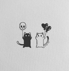 two cats with balloons in the shape of hearts and a skull on their head, one is