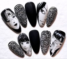 Tomie Inspired Nails, Anime Nails Art Ideas, Tomie Junji Ito Nails, Emily The Strange Nails, Nail Art Designs Anime, Junji Ito Nail Art, Nail Designs Anime, Nail Art Gothic