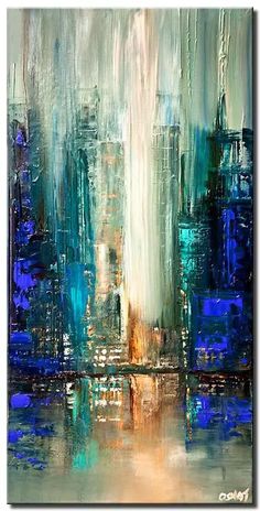 an abstract cityscape painting with blue and green colors on the walls, including skyscrapers