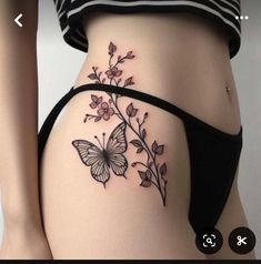 a woman's stomach with a butterfly tattoo on the back of her thigh and side