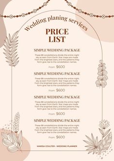 wedding planning services price list with flowers and leaves on the front, in pink tones