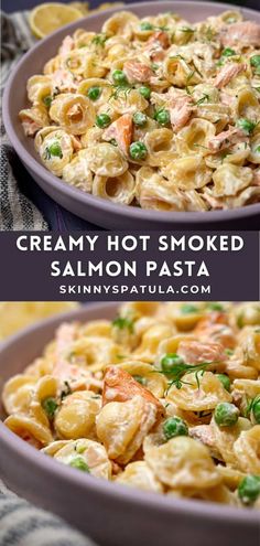 creamy hot smoked salmon pasta with peas in a bowl