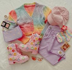 Thrift Outfits Ideas, Rainbows And Sunshine, Pastel Outfit, Bright Fashion, Kawaii Fashion Outfits, Zooey Deschanel, Aesthetic Clothing