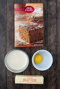 ingredients to make gingerbread cake and butter on wooden table with package of gluffer bread