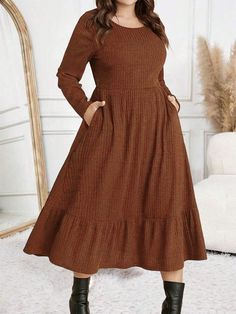 Plus Size Women's Solid Color Simple Daily Long Sleeve Dress Brown Casual  Long Sleeve Knitted Fabric Plain A Line Slight Stretch  Women Plus Clothing, size features are:Bust: ,Length: ,Sleeve Length: Knitted Winter Dress, Minimalist Women, Long Sleeve Casual Dress, Lounge Dress, Corduroy Dress, Vestido Casual, Casual Sweaters, Inspiration Mode, Winter Dresses