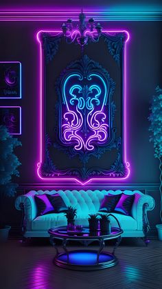 a living room filled with furniture and neon lights