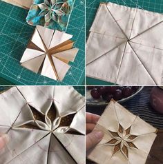 four pictures showing how to make an origami star