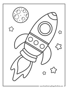 a coloring page with a rocket ship in the sky and stars around it, as well as