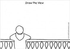 a drawing of a person looking over a railing