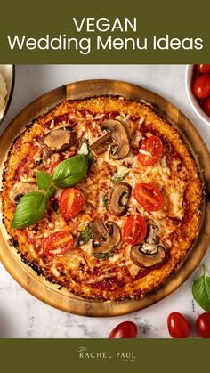 the vegan wedding menu is displayed with tomatoes, mushrooms and basil leaves on top