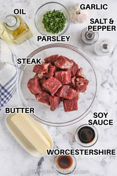 the ingredients to make this recipe include meat, garlic, parsley, steak and butter