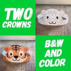 two crowns with different animals on them and the words b & w and color below