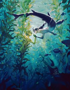 a painting of an underwater scene with sharks and seaweed