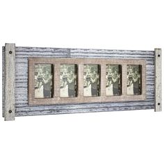 four framed photos hanging on a wooden wall