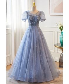 Get 10% off now! Buy modest blue bubble sleeved ballgown prom dress with sequins at cheap price online. Free stable shipping and pro custom service since 2009. Ballgown Prom Dress, Puffy Dresses, Marine Uniform, Corset Dress Prom, Blue Tulle, A Line Prom Dresses, Tulle Prom Dress, Prom Dresses Ball Gown, Prom Dresses Blue