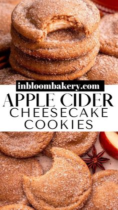 apple cider cheesecake cookies are stacked on top of each other