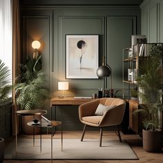 a living room with green walls and wooden flooring, two lamps on the wall