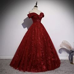 Off Shoulder Gown Prom, Puffy Prom Dresses, Masquerade Prom, Long Ball Gown, Red Ball Gown, Red Quinceanera Dresses, Lace Burgundy Dress, Ball Gown Dress, Prom 2020