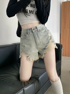 Olivia Mark - Light Wash Frayed Hole Denim Shorts with Hot Pants High Waist Wide Leg Trousers High Waist Wide Leg Trousers, High Waisted Denim, Wide Leg Trousers, Jean Outfits, Dressmaking, High Waisted Pants, Clothing Patterns, Short Outfits, Denim Shorts