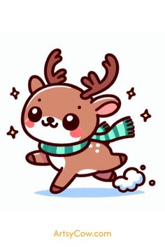 a drawing of a reindeer with a scarf around its neck and nose, running through the snow