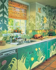 an image of a kitchen with plants painted on the walls and counters in front of it