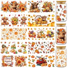 a variety of fall stickers with pumpkins, cats and other things in them