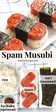 different types of sushi on plates with rice and seasoning next to each other