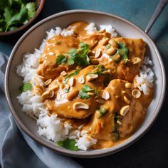 a white bowl filled with rice and chicken covered in sauce, garnished with cilantro