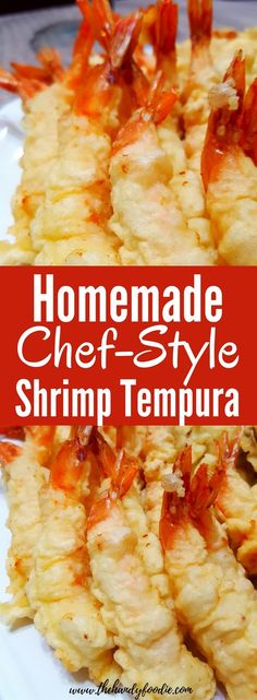 homemade cheesy shrimp tempura on a white plate with text overlay