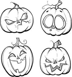 four pumpkins with faces drawn in black and white