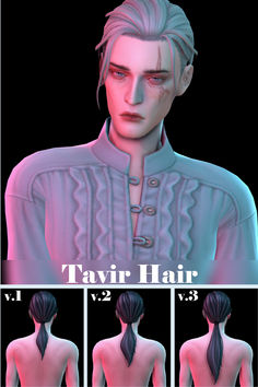 sims 4 male hair cc on a silver haired sim with a collage below showing the back ponytail in three versions Curly Fringe, Sims 4 Hair Male, Sims 4 Male Clothes, Spiky Hair, Hair Pack, Hair Setting, Sleek Ponytail, Mid Length Hair, Ponytail Styles