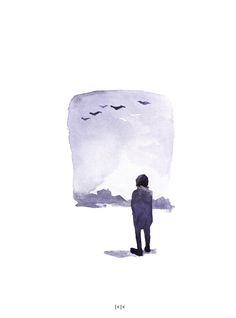 a person standing in the snow looking at birds flying over them, with watercolor on paper