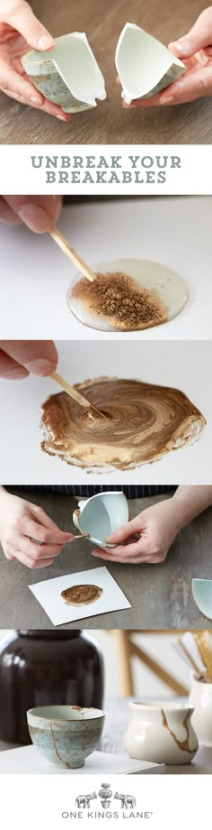 some plates and spoons are being used to make desserts with chocolate frosting on them