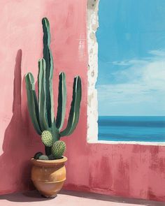 a painting of a cactus in a pot against a pink wall with the ocean outside