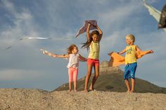 three children are playing with kites on top of a hill