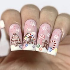 I Love These!! Pastel Christmas Press On Nail Kit In Long. Adorable Gingerbread Accents Nail Art Noel, Christmas Nails Easy, Christmas Nails Acrylic, Festival Nails, Xmas Nails