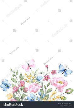 watercolor flowers and butterflies on a white background with space for your text or image